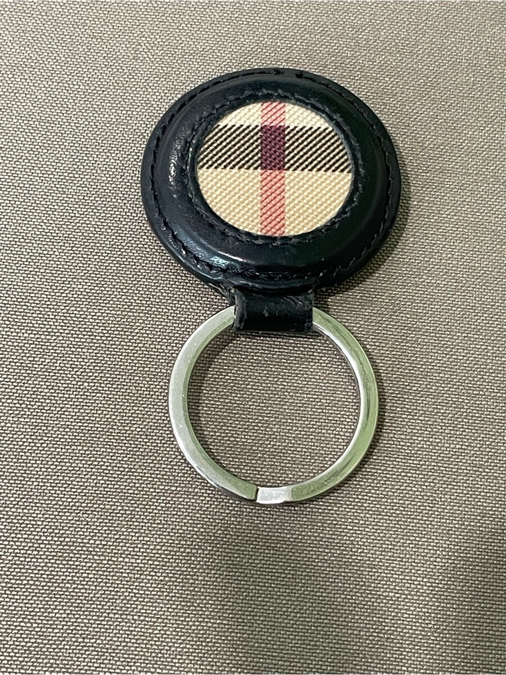 Burberry Black Leather Round Key Fob with Silver Ring